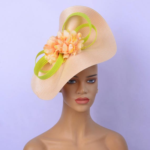 Peach Oversized Floral Derby Hat with Teal African Feather | Couture Style Peacock Derby Hat - Etsy main image 4