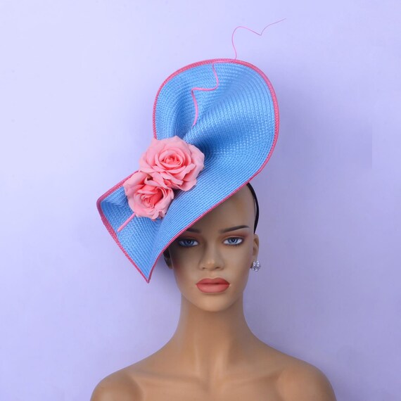 Blue Kentucky Derby Fascinator Hat with Pink Flowers kentucky derby fascinator hat blush light pink satin flower  main image 4