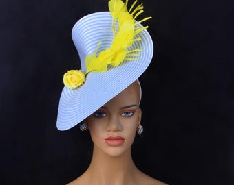 Kentucky Derby Hat: Light Blue Straw Fascinator with Yellow Flower