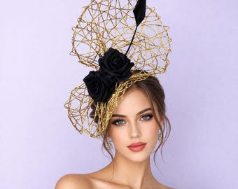 Elegant Gold & Black Fascinator, Kentucky Derby Hat, Tea Party Headpiece