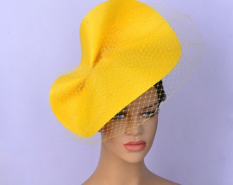 Yellow kentucky derby hat with Veil,fascinator,tea party hat,Church Hat,Melbourne cup,luncheon fascinator Hat,gift,wedding fascinator hat.