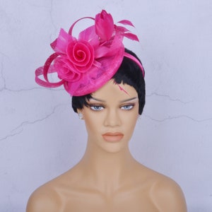 Feather sinamay fuchsia Hat Fascinator with feather,Women's Tea Party Hat,British Hat,Melbourne cup,Kentucky Derby Hat,Fancy Hat,wedding hat image 2