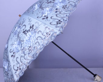 Silver gray embroidery Parasol,summer gift,UV Protection,Wedding,Bridal Shower,gifts,Cocktail Party,Wedding Decoration,Embroidery umbrella.
