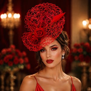 May include: A vibrant red fascinator hat featuring an intricate, web-like wire structure. The headpiece is adorned with two realistic red roses and a single matching red feather plume, creating a bold and textured accessory for formal headwear.