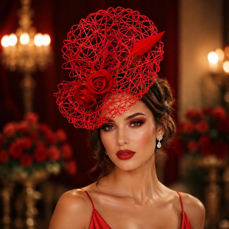 May include: A vibrant red fascinator hat featuring an intricate, web-like wire structure. The headpiece is adorned with two realistic red roses and a single matching red feather plume, creating a bold and textured accessory for formal headwear.