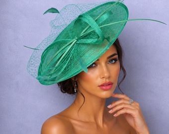 Green Sinamay Fascinator: Feathers Party Hat for Kentucky Derby