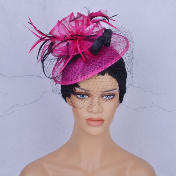 Fuchsia Sinamay Fascinator: Feather & Veil Tea Party Hat - Etsy display picture 1
