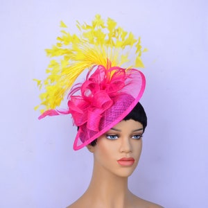 Fuchsia Sinamay Fascinator: Yellow Feather Party Hat
