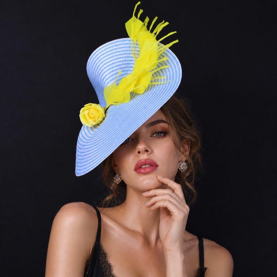 Kentucky Derby Hat: Light Blue Straw Fascinator With Yellow  display picture 1
