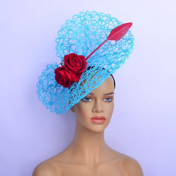 Elegant Blue and Red Fascinator Kentucky Derby Hat Blue and Red Fascinator Hat for Women Tea Party Hat Kentucky  main image 2