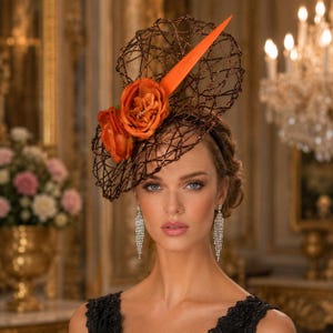 May include: A headpiece featuring a dark brown, wire-mesh, oval-shaped structure adorned with two vibrant orange fabric flowers and a single, pointed orange quill. The accessory is worn on a black headband, complemented by long, dangling silver crystal earrings.