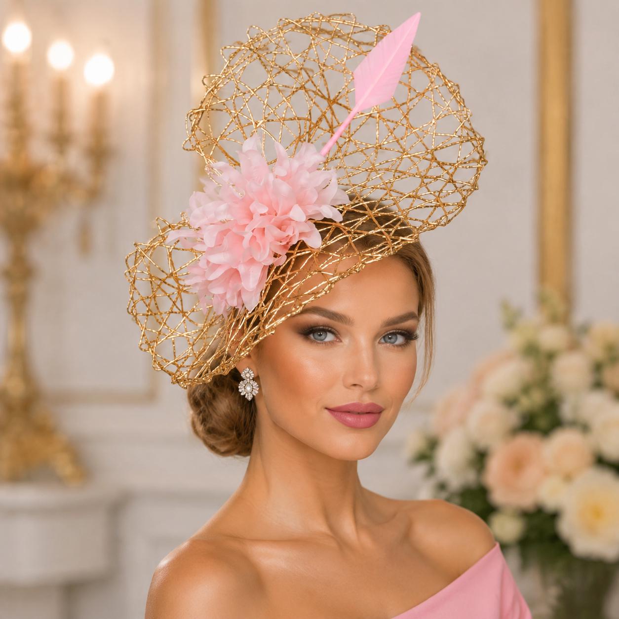 Gold & Light Pink Kentucky Derby Fascinator: Tea Party Hat, Wedding Headpiece