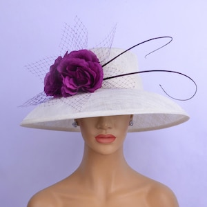 New sinamay ivory purple Hat,Kentucky Derby,British Hat,Church,wedding sinamay Hat,Tea Party,Church/Dressey/Millinery,Church RACES wedding.