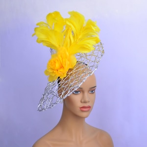 Silver Yellow Kentucky Derby Fascinator Hat: Feather & Flower