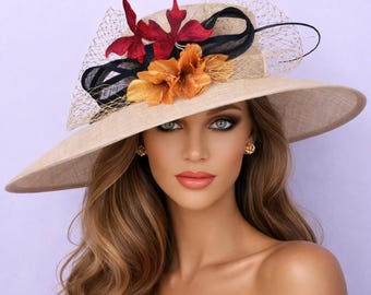 Big beige Sinamay Kentucky Derby Hat: Church Hat