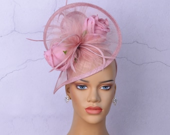 New blush pink sinamay fascinator with feathers/silk flowers,Party Hat,Church Hat,Melbourne cup,Kentucky Derby,Fancy Hat,wedding hat.