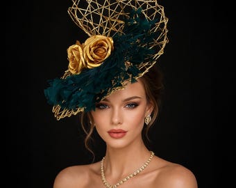 Gold & Dark Green Fascinator, Kentucky Derby Hat, Tea Party Headpiece
