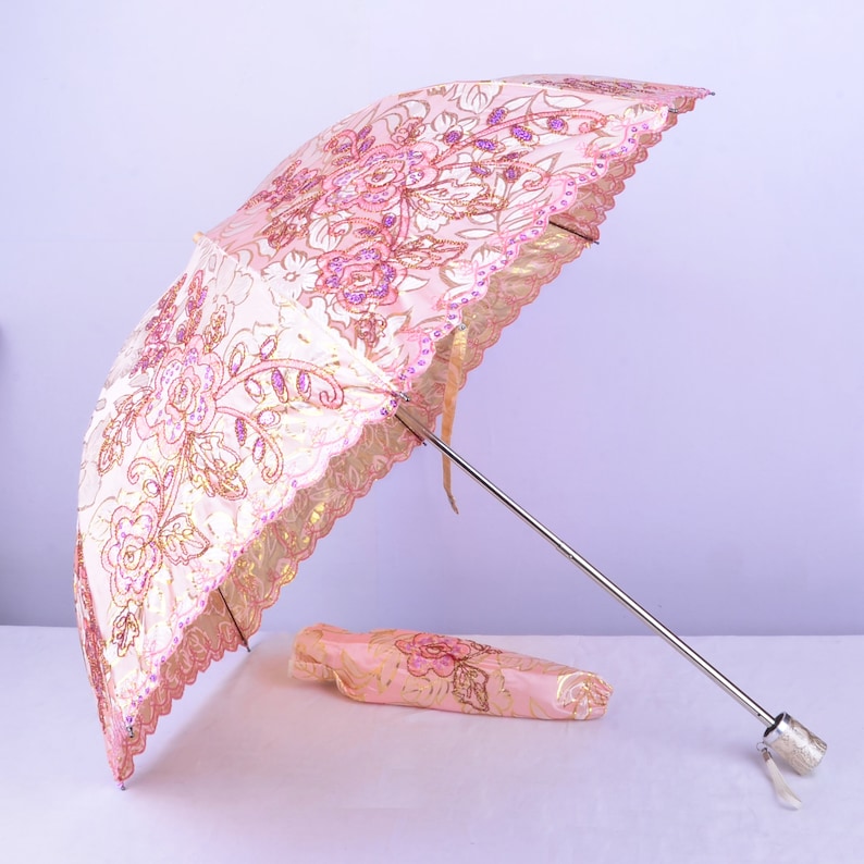 Pink embroidery Parasol,tea party,Wedding,Bridal Shower,Anniversary gifts,Cocktail Party,Wedding Decoration,gift,Embroidery umbrella. image 1