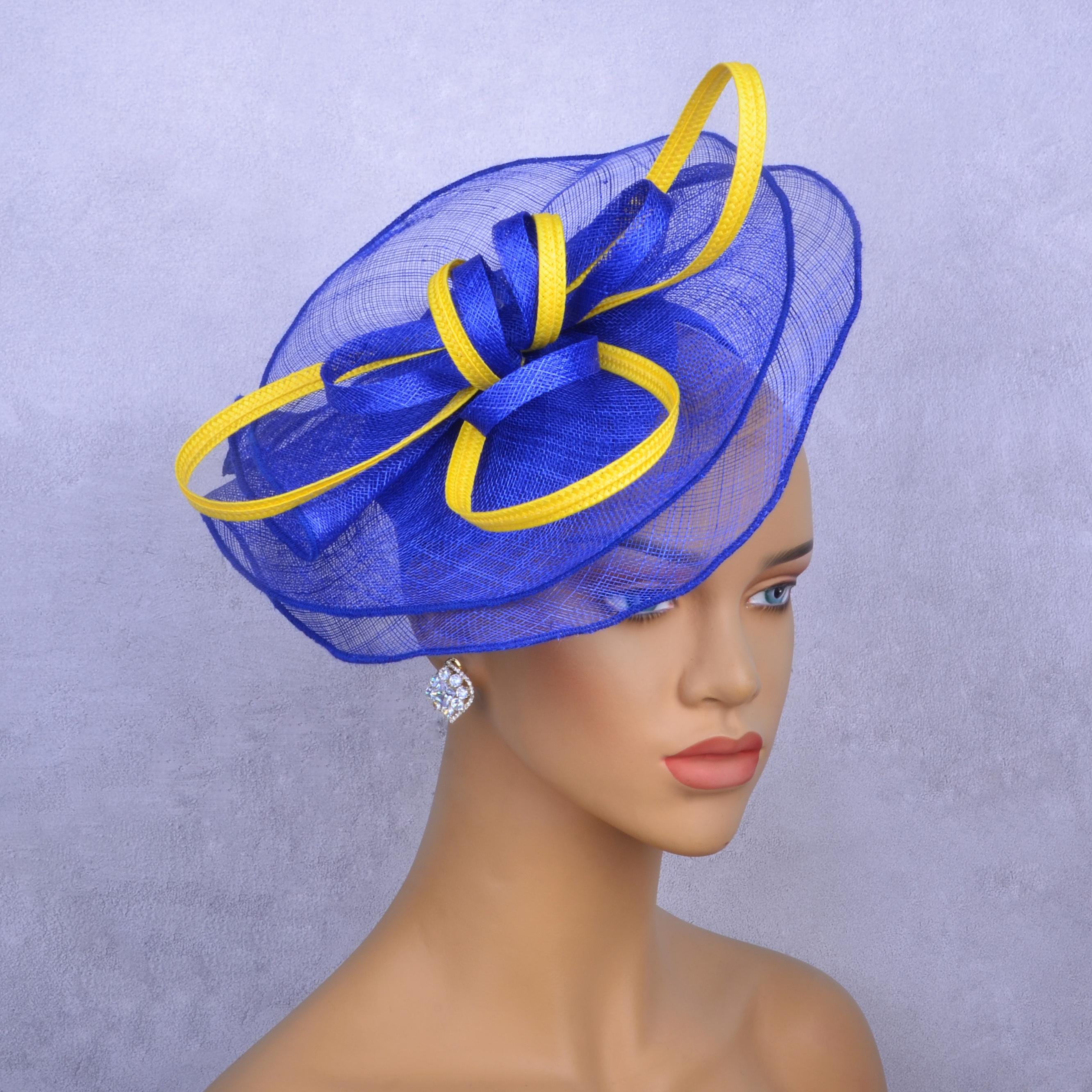 Elegant Feather Fascinator in Blue and Yellow Beige and Dark Blue Derby Fascinator, Kentucky Derby Hat  main image 2