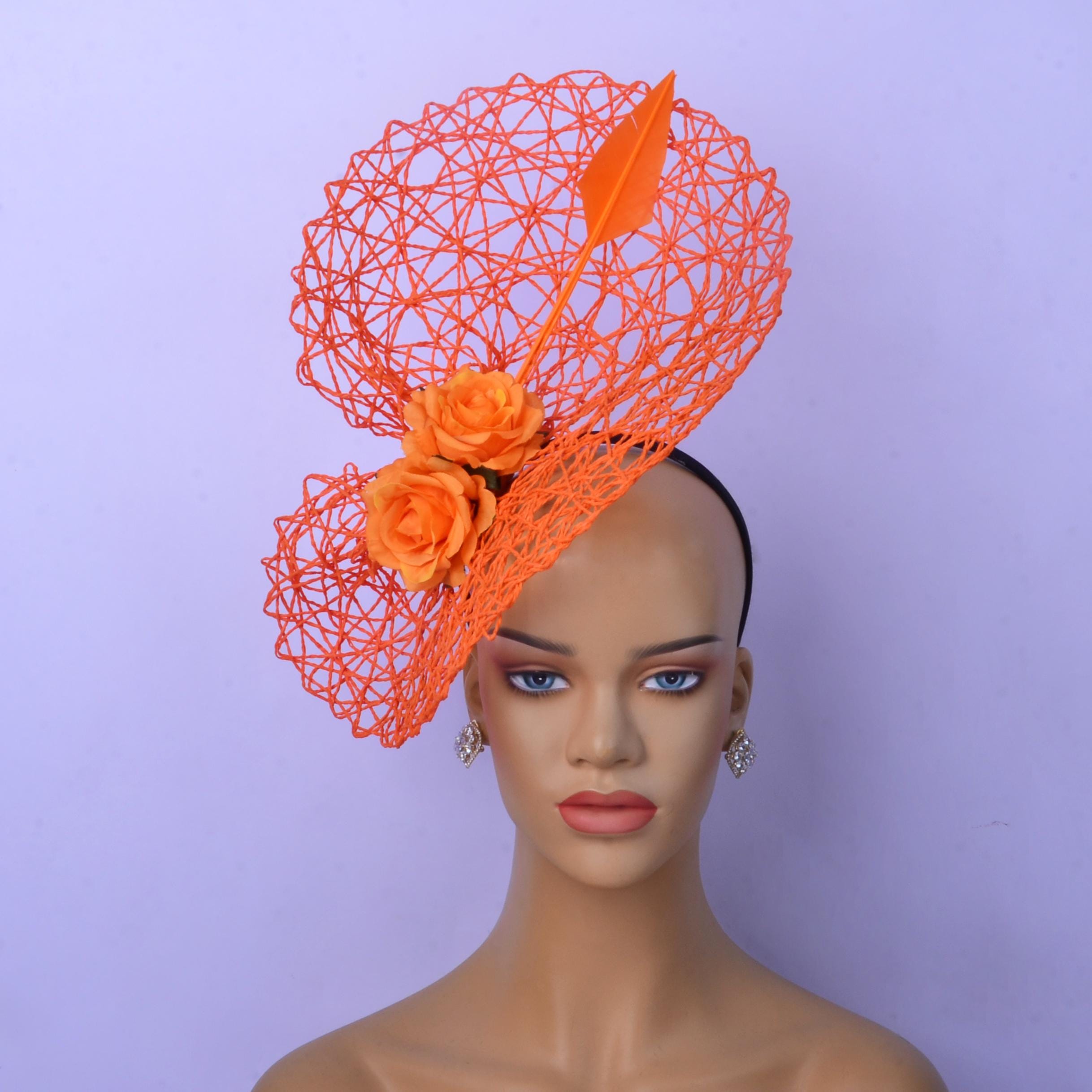 Elegant Orange Feather Fascinator Derby Tea Church Bridal Headwear Headband Hat Colorful orange wedding fascinators for Memorable  main image 2