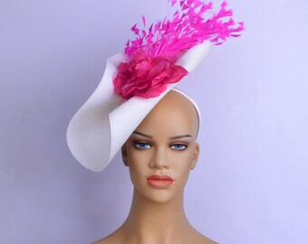 New ivory/fuchsia kentucky derby hat,fascinator,tea party,Church Hat,Melbourne cup,luncheon fascinator hat,wedding fascinator hat,racing hat