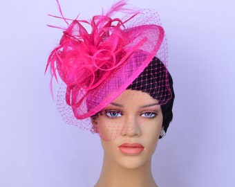 Fuchsia sinamay fascinator with Veil,Tea Party Hat,Church Hat,Melbourne cup,Kentucky Derby Hat,Fancy,wedding hat,Womens hat,gift,race hat.