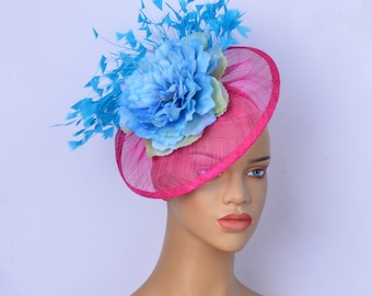 New blue/fuchsia sinamay fascinator with feathers/silk flower,Party Hat,Church Hat,Melbourne cup,Kentucky Derby,Fancy Hat,wedding hat,gift.