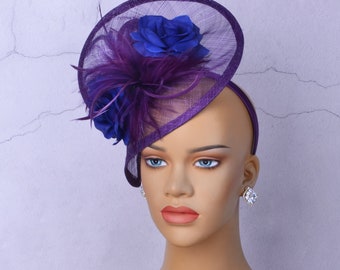 New purple/dark blue sinamay fascinator with feathers/silk flowers,Party Hat,Church Hat,Melbourne cup,Kentucky Derby,Fancy Hat,wedding hat.