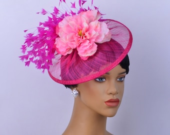 Nuevo tocado de sinamay fucsia con plumas/flor de seda, sombrero de fiesta, sombrero de iglesia, copa de Melbourne, Derby de Kentucky, sombrero elegante, sombrero de boda, sombrero de mujer.