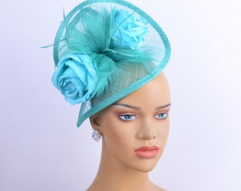 New green,lake blue sinamay fascinator with feathers/silk flowers,Party Hat,Church Hat,Melbourne cup,Kentucky Derby,Fancy Hat,wedding hat.