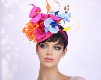 Cappello fucsia e arancione per il Kentucky Derby – Fascinator in sinamay per il Tea Party