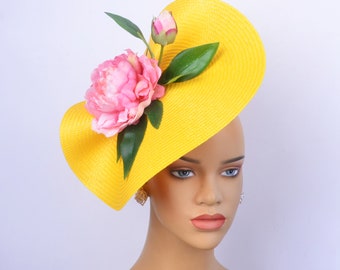 Nouveau chapeau derby kentucky jaune/fuchsia, chapeau de tea party, fête, chapeau d'église, coupe Melbourne, chapeau de fascinateur de déjeuner, chapeau de fascinateur de mariage.