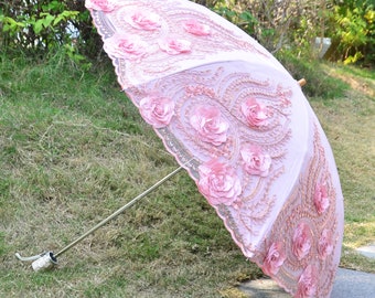 Exquisite flowers pink Parasol,UV Protection,Wedding,Bridal Shower,Anniversary gifts,Cocktail Party,Wedding Decoration,Embroidery umbrella.