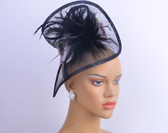 New black,grey sinamay fascinator with feathers/silk flowers,Party Hat,Church Hat,Melbourne cup,Kentucky Derby,Fancy Hat,wedding hat.