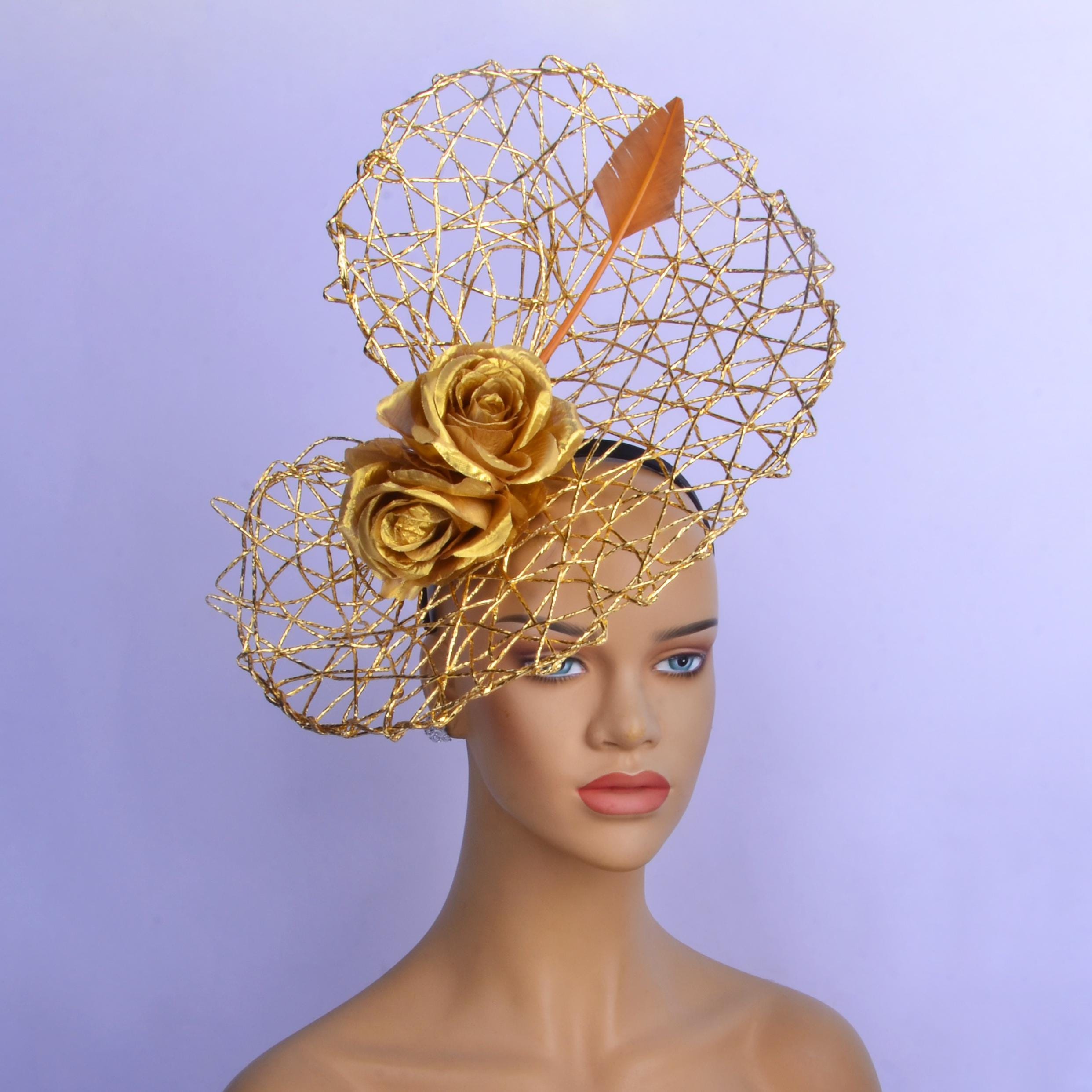 Gold Gorgeous 3PC Veiled Fascinator Kentucky Derby Preakness Church Wedding Tea Feather Kentucky Derby Hat Flower Fascinator - Champagne  main image 4