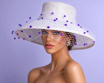Ivory Sinamay Derby Hat: British Races Wedding Hat with Veil