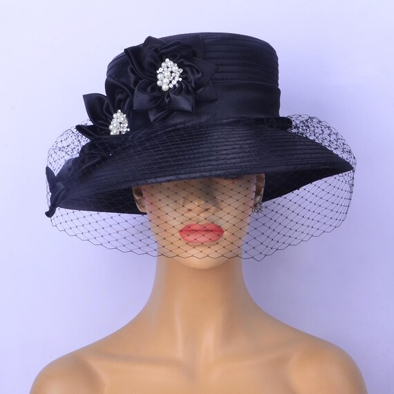 Black Satin Kentucky Derby Hat: Formal Church Wedding  display picture 1