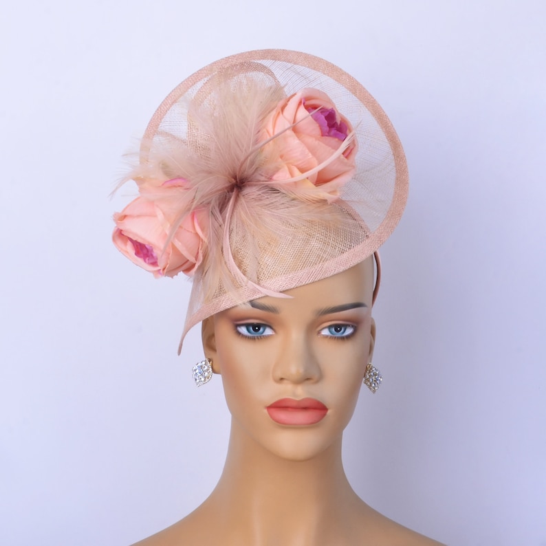 New beige,pale pink sinamay fascinator with feathers/silk flowers,Party Hat,Church Hat,Melbourne cup,Kentucky Derby,Fancy Hat,wedding hat. image 4