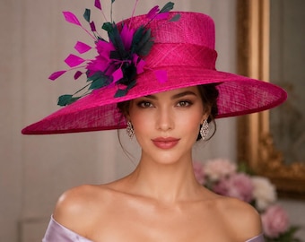 Cappello in sinamay fucsia per il Kentucky Derby: cappello da cerimonia con piume per chiese, corse e matrimoni.