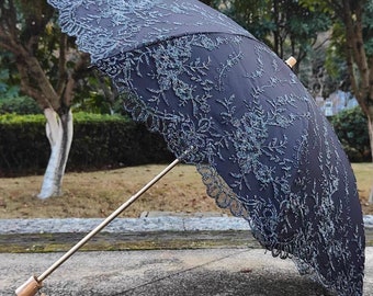 Nouveau parasol brodé noir, protection UV, parasol, cadeaux pour petite amie, douche nuptiale, parapluie d'été, parapluie brodé, mariage vintage.