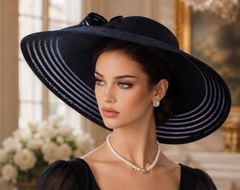 Chapeau de paille noir à large bord - Chapeau élégant pour soirée thé et derby