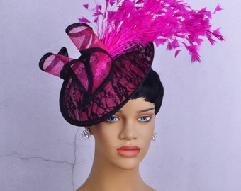 New black/fuchsia sinamay fascinator with feathers,Party Hat,Church Hat,Melbourne cup,Kentucky Derby,Fancy Hat,wedding hat,luncheon Hat.