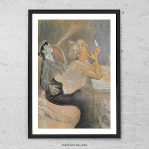 Peut inclure: Une impression encadrée d'une œuvre d'art vintage représentant un homme et une femme dans un cadre sombre. La femme tient une cigarette et l'homme est assis derrière elle. L'œuvre utilise des tons sourds de beige, de gris et de brun.