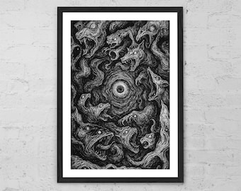 May include: Black and white artwork of a nightmarish scene with many grotesque creatures. The creatures have open mouths and menacing eyes, with a central eye-like shape. The artwork is framed in a black frame.