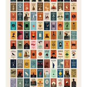 May include: A colorful poster with a grid of 100 book covers, each featuring a unique design and the title of a classic novel. The poster is titled "The Library of a Lifetime: 100 Literary Milestones".