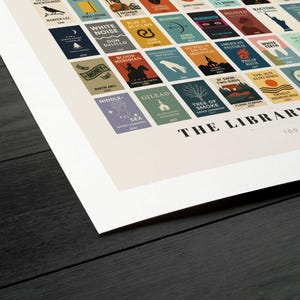 May include: A poster titled "The Library of All" featuring a grid of 100 book covers with minimalist designs. The poster is printed on a cream-colored background with a black border.
