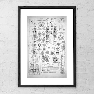 May include: Black and white technical drawing of a rocket, with detailed diagrams and measurements. The drawing includes text in Russian.