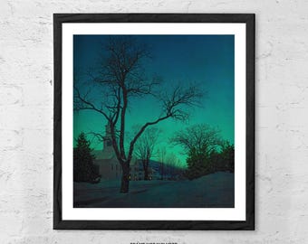 At Close of Day by Maxfield Parrish – Twilight Winter Landscape Art Print – Vintage Americana Wall Art – Peaceful Snow Scene Poster