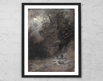 May include: A framed, black and white artwork depicting a dark forest scene with a lightning bolt and figures. The artwork has a dramatic, moody feel, with a focus on the interplay of light and shadow. The words "FRAME NOT INCLUDED" are at the bottom.