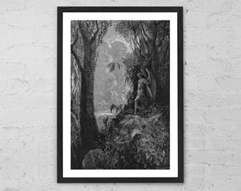 Satan in Paradise by Gustave Doré | Art Print | Paradise Lost Illustration | Gothic Dark Wall Art | Vintage Biblical Engraving Poster